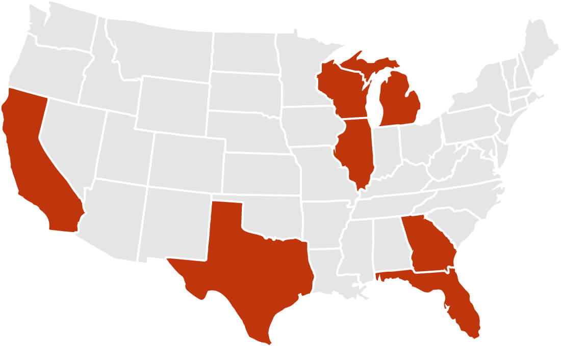 Cobertura en California, Florida, Michigan, Illinois, Wisconsin, Georgia y Texas